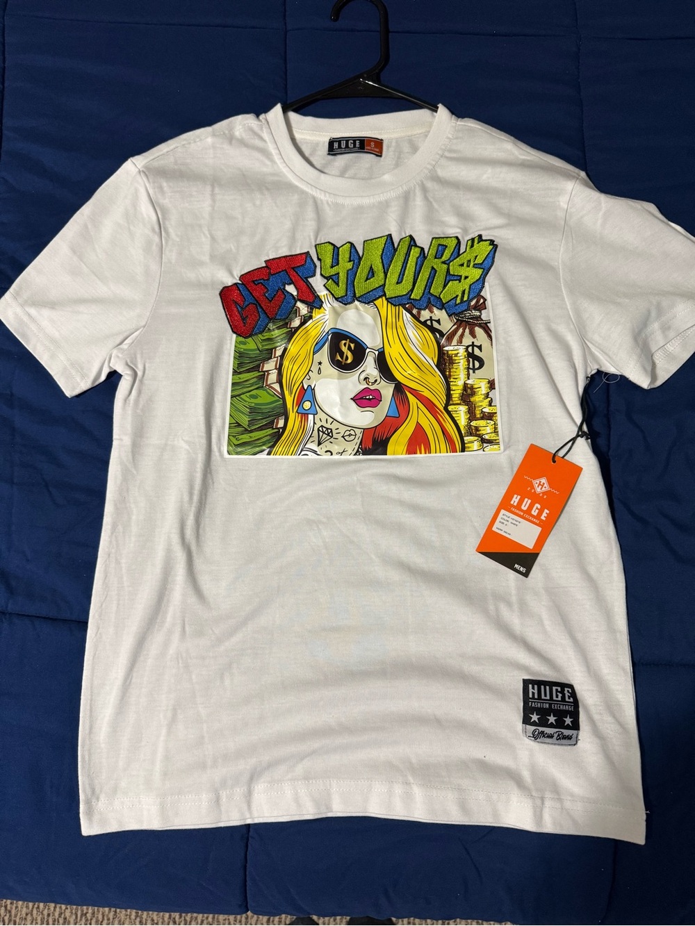 White Embroidered Graphic 'Get Yours' Small Short Sleeve T‑Shirt
